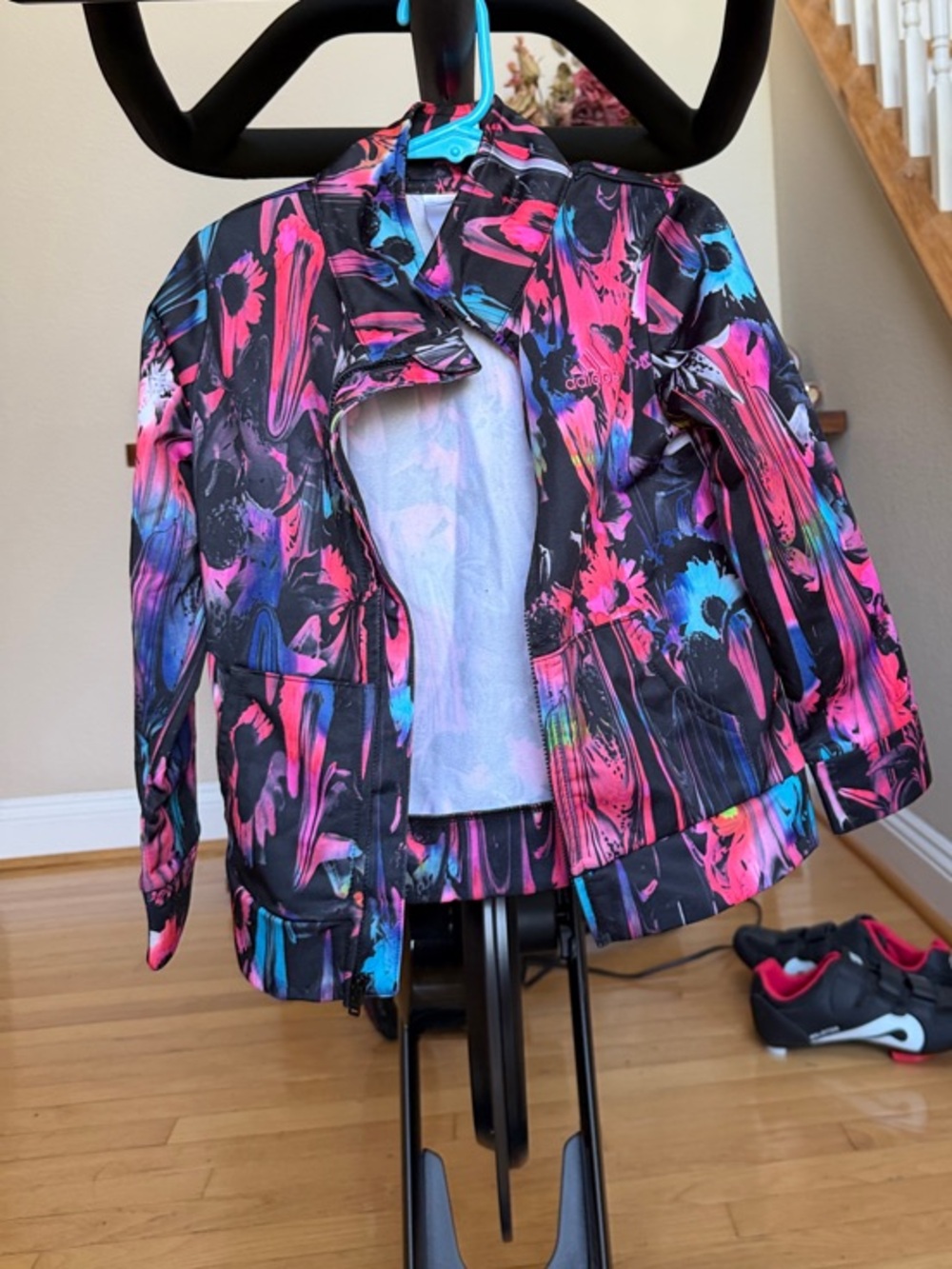 adidas Girls' Black tracksuit jacket with Neon Pink & Blue Paint Print